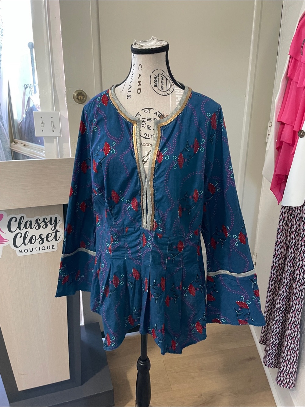 Venezia Teal Long Sleeve Embroidered Tunic with Gold Trim